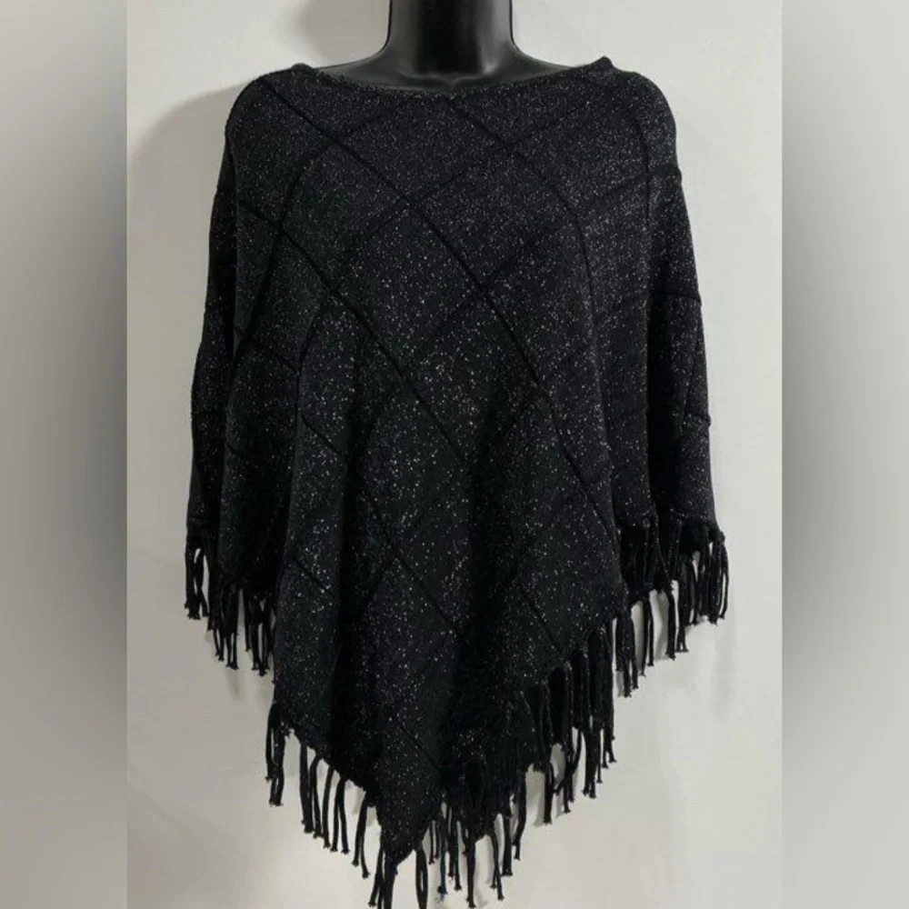 NWT. Chico’s, Small, Charcoal Black Fringe Poncho - Picture 3 of 7